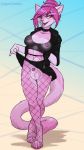  &lt;3 2020 anthro biped black_collar bottomwear breasts clothed clothing clothing_lift collar felid feline fishnet fishnet_legwear fur genitals gynomorph hair hi_res intersex legwear majinizombie mammal nipples open_mouth orange_eyes penis pink_body pink_fur pink_hair pink_tongue simple_background skirt skirt_lift solo standing tongue tongue_out trans_(lore) trans_woman_(lore) 