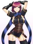  1girl abu armpit_cutout arms_up breasts cowboy_shot green_eyes highres large_breasts leg_tattoo looking_to_the_side nel_zelpher red_hair scarf short_hair sideboob skindentation solo standing star_ocean star_ocean_till_the_end_of_time striped striped_scarf tattoo thighhighs 