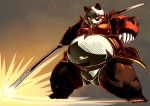  2014 anthro black_body black_fur chiro_(artist) clothed clothing fanfan fur giant_panda kemono mammal overweight overweight_anthro red_body red_fur solo ursid weapon white_body white_fur 