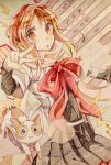  1girl :o arrow_(symbol) bimi_(mgk) colored_pencil_(medium) electricity graphite_(medium) headband highres ichinomiya_eruna looking_at_viewer mikagura_gakuen_kumikyoku orange_hair pose ribbon skirt solo traditional_media v watercolor_(medium) wings yuru_mame 