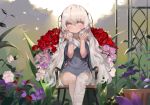  1girl absurdres bandaged_leg bandages bangs blush chair closed_mouth commentary_request dokomon dress eyebrows_visible_through_hair flower girls_frontline grey_dress grey_eyes grey_hair grey_nails hair_between_eyes hands_up highres korean_commentary long_hair looking_at_viewer nail_polish on_chair pink_flower pink_rose purple_flower red_flower red_rose ribeyrolles_1918_(girls_frontline) rose short_sleeves sitting smile solo thick_eyebrows very_long_hair white_flower white_rose wide_sleeves 