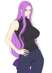 1girl bow breasts cowboy_shot eyebrows_visible_through_hair fate/stay_night fate_(series) hair_tie hands_on_hips large_breasts long_hair looking_at_viewer low-tied_long_hair pants purple_eyes purple_hair rider sidelocks sleeveless_sweater solo sweater turtleneck turtleneck_sweater very_long_hair zucchini 