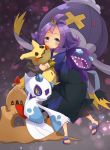  1girl :d absurdres acerola_(pokemon) ahoge animal armlet black_skirt blue_eyes drifblim froslass gen_3_pokemon gen_4_pokemon gen_7_pokemon highres holding holding_animal hug huge_filesize medium_hair mimikyu open_mouth palossand pokemon pokemon_(creature) pokemon_(game) pokemon_sm red_eyes ronmeru sableye sandals skirt smile standing teeth yellow_sclera 