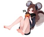  1girl animal_ears bare_legs barefoot black_shirt blush bottomless brown_hair commentary_request convenient_leg dokomon feet feet_up full_body fur_trim highres holding horns korean_commentary korean_text leaning_back long_hair long_sleeves looking_at_viewer original pout reclining red_eyes shirt simple_background soles sphere squirrel_ears squirrel_girl squirrel_tail tail white_background wide_sleeves 