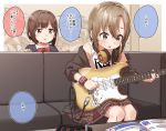  2girls :o ? bangs bare_shoulders black_jacket blazer blurry blurry_background blush bow breasts brown_eyes brown_hair brown_skirt clothes_writing collared_shirt depth_of_field electric_guitar eyebrows_visible_through_hair green_eyes guitar hair_between_eyes headphones headphones_around_neck highres holding holding_instrument idolmaster idolmaster_cinderella_girls indoors instrument jacket long_sleeves maekawa_miku medium_breasts multiple_girls off_shoulder on_chair open_clothes open_jacket parted_lips plaid plaid_skirt red_bow school_uniform shirt short_hair sitting skirt speech_bubble sweat table tada_riina tank_top translation_request union_jack white_shirt white_tank_top wristband yukie_(kusaka_shi) 