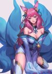  1girl ahri animal_ear_fluff animal_ears bare_shoulders bell black_footwear blue_eyes blue_hair breasts cleavage closed_mouth facial_mark fox_ears fox_tail grey_background hair_bell hair_ornament highres japanese_clothes kitsune league_of_legends long_hair makeup multicolored multicolored_hair multiple_tails phamoz pink_hair shiny shiny_skin simple_background sleeves_past_fingers sleeves_past_wrists slit_pupils smile solo spirit_blossom_ahri tail whisker_markings white_legwear 