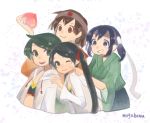  4girls :t alternate_costume bikini black_hair blue_hair brown_hair cheek_poking food food_in_mouth fruit hair_ribbon headband hiryuu_(kantai_collection) holding holding_food jacket japanese_clothes kantai_collection kimono long_hair long_sleeves mikuma_(kantai_collection) mogami_(kantai_collection) mogamiya_honu multiple_girls one_eye_closed open_mouth poking remodel_(kantai_collection) ribbon short_hair signature smile souryuu_(kantai_collection) swimsuit twintails upper_body white_jacket wide_sleeves 