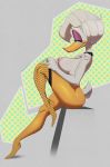  2020 absurd_res anatid anseriform anthro avian beak bird breasts butt clothing daisy_duck disney duck eyeshadow female fishnet fishnet_legwear hair hi_res legwear looking_at_viewer makeup nipples non-mammal_breasts signature sitting solo thehumancopier white_hair 