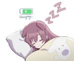  1girl :3 animal_ears battery_indicator bed_sheet brown_hair closed_eyes commentary_request dog_ears eyebrows_visible_through_hair highres hololive inugami_korone long_hair pillow simple_background sleeping solo tugo virtual_youtuber white_background zzz 