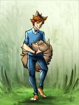  3:4 anthro blue_clothing canid canine clothing corsac_fox fennefox fluff_tail fluffy forest fox fur hi_res long_tail male mammal shirt small_ears smile solo standing topwear tree walking 