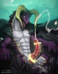  2016 abs anthro armor bodily_fluids cum cumshot dragon edging ejaculation erection genital_fluids genitals glowing glowing_eyes hi_res high_school_dxd horn magic male muscular muscular_anthro muscular_male nude open_mouth outside pecs penis purple_body sackless sitting solo tannin_(high_school_dxd) todex watermark 