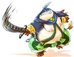  2013 anthro belly bottomwear bulge chiro_(artist) clothing final_fantasy kemono male moobs nipples overweight overweight_anthro overweight_male pants seeq simple_background solo square_enix video_games weapon white_background 