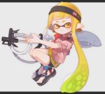  1girl artist_name bad_id bad_twitter_id bangs bike_shorts black_footwear black_headband black_shorts blunt_bangs closed_mouth collared_shirt commentary domino_mask double_vertical_stripe floating goo_tuber_(splatoon) gradient_hair green_hair grey_background headband highres holding holding_weapon inkling legs_up letterboxed long_hair looking_at_viewer mask miniskirt multicolored_hair orange_eyes orange_hair orange_skirt pink_shirt pointy_ears sabamyon sandals shirt shorts shorts_under_skirt signature simple_background skirt smile solo sparkle splatoon_(series) splatoon_2 tentacle_hair weapon 