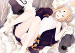  1girl abigail_williams_(fate/grand_order) abigail_williams_(swimsuit_foreigner)_(fate) absurdres bangs bare_shoulders barefoot blonde_hair blue_eyes blush bow breasts fate/grand_order fate_(series) feet_up forehead highres huge_filesize keyhole kurogiri long_hair looking_at_viewer lying on_back parted_bangs sidelocks small_breasts solo swimsuit thighs very_long_hair white_headwear white_swimsuit 