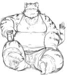 2014 anthro barely_visible_genitalia barely_visible_penis chiro_(artist) clothing felid genitals kemono male mammal monochrome overweight overweight_anthro overweight_male pantherine penis shirt simple_background sitting solo tank_top tiger topwear underwear white_background 