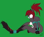  2019 anthro arms_tied asuka_(darkriderx) bdsm biped bondage bound breasts domestic_cat feet_tied felid feline felis female goliathcpg green_background hair hands_behind_back mammal muzzle_(object) muzzled nipple_piercing nipple_ring nipples piercing red_eyes red_hair rope rope_bondage simple_background sitting wrists_tied 