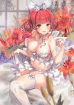  :d absurdres bangs blunt_bangs bow breasts bustier cleavage collarbone double_bun eyebrows_visible_through_hair flower garter_straps hair_bow highres kyjsogom large_breasts navel neck_ribbon open_mouth original red_eyes red_flower red_hair ribbon sidelocks sitting skindentation skirt smile strap_pull thighhighs thighs white_bow white_bustier white_legwear white_ribbon white_skirt 