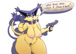  5_fingers alpha_channel anthro big_breasts breasts delcatty dialogue english_text female fingers fur gun hi_res iguanasarecool nintendo nipples open_mouth pok&eacute;mon pok&eacute;mon_(species) pubes purple_body purple_fur ranged_weapon simple_background tan_body tan_fur text thick_thighs transparent_background video_games weapon wide_hips 