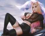  ahri_(lol) animal_humanoid big_breasts blonde_hair breasts canid canid_humanoid canine canine_humanoid cleavage clothed clothing female fox_humanoid hair humanoid league_of_legends legwear long_hair looking_at_viewer mammal mammal_humanoid riot_games solo text thigh_highs url video_games yupachu 