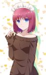  1girl absurdres azami_masurao bangs blue_eyes brown_sweater collarbone dress heart highres hisui long_sleeves looking_at_viewer maid_headdress off-shoulder_sweater off_shoulder red_hair shiny shiny_hair short_hair sleeves_past_wrists solo standing sweater sweater_dress tsukihime white_background 