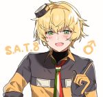  1boy aogisa blonde_hair blush bodysuit character_name eyebrows_visible_through_hair genderswap genderswap_(ftm) girls_frontline gloves green_eyes hair_ornament highres italian_flag_neckwear jacket looking_at_viewer mars_symbol multicolored multicolored_clothes multicolored_jacket necktie open_mouth s.a.t.8_(girls_frontline) short_hair solo white_background 