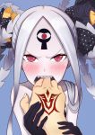  1girl abigail_williams_(fate/grand_order) abigail_williams_(swimsuit_foreigner)_(fate) bare_shoulders biting bow command_spell commentary_request fate/grand_order fate_(series) keyhole long_hair looking_at_viewer pale_skin polka_dot polka_dot_bow silver_hair solo_focus u-ta yellow_bow 