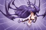  2020 6_eyes animal_humanoid arachnid arachnid_taur armwear arthropod arthropod_taur breasts cleavage clothed clothing elbow_gloves female gloves handwear humanoid jesonite looking_at_viewer monster_girl_(genre) monster_musume multi_eye purple_theme rachnera_arachnera_(monster_musume) signature solo spider spider_taur spider_web taur under_boob upside_down watermark 