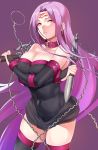  1girl absurdres bangs bare_shoulders black_dress breasts chain cleavage collar covered_navel dagger detached_sleeves dress facial_mark fate/stay_night fate_(series) forehead forehead_mark gradient gradient_background highres hotate-chan large_breasts long_hair looking_at_viewer nameless_dagger parted_bangs purple_background purple_hair rider short_dress strapless strapless_dress thighs very_long_hair weapon 