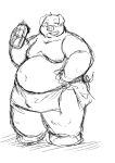  2013 anthro belly blush bulge chiro_(artist) domestic_pig kemono male mammal monochrome moobs nipples overweight overweight_anthro overweight_male solo suid suina sus_(pig) towel 