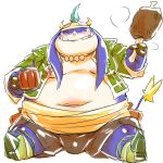  1:1 2013 anthro armor belly blush bottomwear bulge chiro_(artist) clothing eyes_closed final_fantasy food headgear helmet kemono male navel overweight overweight_anthro overweight_male pants seeq solo square_enix video_games 