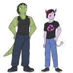  1:1 anthro anthrofied bottomwear clothed clothing duo eeveelution espeon footwear full-length_portrait fully_clothed fuze hi_res male nintendo pants pok&eacute;mon pok&eacute;mon_(species) portrait shirt shoes simple_background t-shirt tank_top topwear tyranitar video_games white_background 