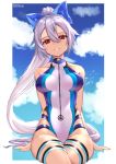  1girl absurdres artist_name bare_shoulders blue_bow blue_sky blue_swimsuit border bow breasts cloud collarbone competition_swimsuit fate/grand_order fate_(series) hair_between_eyes hair_bow head_tilt highleg highleg_swimsuit highres long_hair looking_at_viewer medium_breasts one-piece_swimsuit rachel_bouvier red_eyes silver_hair sky smile solo swimsuit thigh_strap tomoe_gozen_(fate/grand_order) tomoe_gozen_(swimsuit_saber)_(fate) two-tone_swimsuit very_long_hair white_border white_swimsuit 