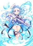  &gt;:) 1girl ads_(girls_frontline) ads_assault_rifle assault_rifle barefoot blue_dress blue_eyes blue_hair boots closed_mouth commentary_request dress forehead full_body girls_frontline gloves gun highres holding holding_gun holding_weapon knee_boots knife long_hair looking_at_viewer object_namesake one-piece_swimsuit puffy_short_sleeves puffy_sleeves rifle sansei_rain see-through short_sleeves simple_background single_knee_boot smile soles solo swimsuit v-shaped_eyebrows very_long_hair water weapon white_background white_footwear white_gloves white_swimsuit 