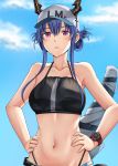  1girl arknights bangs bare_arms bare_shoulders baseball_cap bikini black_bikini blue_hair blue_sky blush breasts ch&#039;en_(arknights) cloud commentary day dragon_horns hair_between_eyes hands_on_hips hat heart highres horns horns_through_headwear long_hair looking_at_viewer medium_breasts navel purple_eyes sidelocks sky solo springveiv stomach swimsuit upper_body watch white_headwear wristwatch 