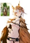 1girl belt beltbra beltskirt bird breasts brown_hair cape contrapposto cowboy_shot feathers gradient_hair hair_between_eyes hand_on_hip head_tilt highres huang_(volt0526) large_breasts looking_at_viewer multicolored_hair navel orange_eyes original owl personification photo-referenced real_life simple_background skindentation solo stomach talons white_background white_hair 