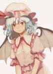  1girl bangs bat_wings blue_hair curly_hair frilled_shirt frilled_shirt_collar frilled_sleeves frills grey_background hat hat_ribbon highres kagari_(kgr_000) leaning_to_the_side light_blue_hair looking_at_viewer mob_cap parted_lips pink_headwear pink_shirt pink_skirt puffy_short_sleeves puffy_sleeves red_eyes red_ribbon remilia_scarlet ribbon ribbon-trimmed_headwear ribbon_trim shirt short_hair short_sleeves simple_background skirt solo spread_wings teeth touhou upper_body wings 