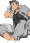  1boy bara black_tank_top blush chest feet_out_of_frame gloves grey_hair highres male_focus muscle original pants pectorals raised_eyebrows short_hair short_sleeves sitting solo st05254 tank_top white_gloves 