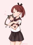  2girls animal_ears ayanami_(kantai_collection) black_sailor_collar black_skirt brown_eyes brown_hair cat_ears cat_tail commentary_request cowboy_shot dated extra_ears kantai_collection looking_at_viewer masara_(chuujou) minigirl multiple_girls pink_background pleated_skirt ponytail remodel_(kantai_collection) sailor_collar school_uniform serafuku shikinami_(kantai_collection) simple_background skirt smile tail twitter_username v 