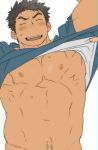  1boy 1other abs bara blue_shirt blush chest closed_eyes grey_hair highres male_focus male_pubic_hair muscle navel nipples open_mouth original pectorals pubic_hair shirt shirt_lift short_hair st05254 sweatdrop undressing_another white_background 