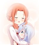  2girls bangs blue_eyes blue_hair blush bow chestnut_mouth closed_eyes commentary_request deyui eyebrows_visible_through_hair forehead gochuumon_wa_usagi_desu_ka? hair_bow hair_ornament hoto_cocoa&#039;s_mother hug kafuu_chino light_blue_hair long_hair long_sleeves multiple_girls open_mouth parted_bangs parted_lips petting shirt short_hair sidelocks upper_body white_shirt x_hair_ornament 