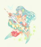  1girl aqua_hair blue_eyes boots closed_mouth eirika_(fire_emblem) eotyq58d6do16cs fire_emblem fire_emblem:_the_sacred_stones fire_emblem_heroes flower full_body hair_flower hair_ornament holding holding_sword holding_weapon long_hair petals smile solo sword thigh_boots thighhighs weapon 