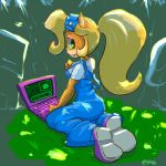  1:1 2020 accessory activision anthro blonde_hair breasts clothing coco_bandicoot computer crash_bandicoot_(series) ema_npr female flower flower_in_hair footwear grass green_eyes hair hair_accessory hi_res laptop long_hair mammal marsupial plant ponytail signature sitting smile solo video_games 