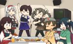  6+girls akagi_(kantai_collection) black_legwear blue_eyes blue_hair blue_hakama bowl bread brown_eyes brown_hair brown_hakama chopsticks closed_eyes closed_mouth crossed_arms cup curry curry_rice dancing drinking_glass drinking_straw eating eyebrows_visible_through_hair food green_hair green_hakama green_kimono hair_between_eyes hair_ribbon hakama hakama_skirt hamu_koutarou headband highres hiryuu_(kantai_collection) holding holding_bowl holding_chopsticks japanese_clothes jewelry kaga_(kantai_collection) kantai_collection kimono long_hair long_sleeves microphone microphone_stand multiple_girls muneate one_side_up open_mouth radio red_hakama red_headband ribbon rice ring shoukaku_(kantai_collection) side_ponytail sitting smile souryuu_(kantai_collection) tasuki television thighhighs twintails wedding_band white_hair white_ribbon wide_sleeves yellow_kimono zui_zui_dance zuikaku_(kantai_collection) 