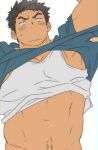  1boy 1other abs bara black_eyes blue_shirt blush chest grey_hair highres male_focus male_pubic_hair muscle navel open_mouth original pectorals pubic_hair shirt shirt_lift short_hair st05254 sweatdrop tank_top undressing_another white_background white_tank_top 
