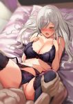  1boy 1girl blush braid breasts censored cleavage g36c_(girls_frontline) girls_frontline hair_over_one_eye hetero highres large_breasts leg_grab long_hair lying missionary mosaic_censoring navel on_back open_mouth penis pooor pussy red_eyes sex side_braid silver_hair solo_focus spread_legs sweat vaginal 