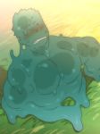  1boy bara blush chest clenched_teeth grass green_eyes green_slime highres leaf looking_at_viewer male_focus monster_boy muscle original pectorals short_hair slime slime_boy solo st05254 sunlight teeth 