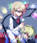  2girls black_vest blonde_hair blue_background closed_eyes cotton_swab ear_cleaning eyebrows_visible_through_hair fang flandre_scarlet jitome lap_pillow long_sleeves manekinekoppoi_inu mimikaki multiple_girls neckerchief open_mouth pointy_ears red_eyes red_neckwear rumia simple_background skin_fang sparkle touhou vest wings yellow_neckwear 