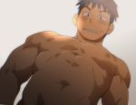  1boy abs bara black_hair blush chest grey_background grey_eyes looking_at_viewer male_focus muscle navel nipples original pectorals shirtless short_hair simple_background solo st05254 sunlight upper_body 