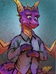  3:4 activision after_transformation anthro blue_background blue_clothing blue_shirt blue_topwear clothing dragon dragonsica_(artist) dress_shirt finger_claws male self_portrait shirt simple_background spyro spyro_the_dragon topwear video_games 
