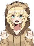  1girl animal_costume aogisa bear_costume blonde_hair blush eyebrows_visible_through_hair girls_frontline green_eyes highres long_hair looking_at_viewer open_mouth paw_pose s.a.t.8_(girls_frontline) smile solo white_background 